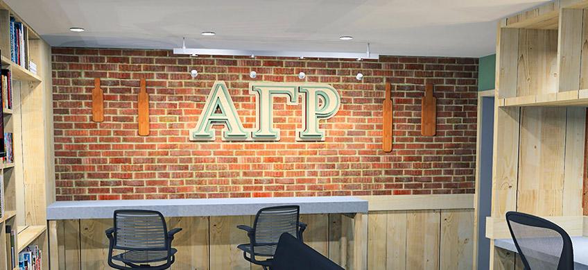 Brick interior wall of Fraternity House of Alpha Beta Chapter of Alpha Gamma Rho at Oregon State University